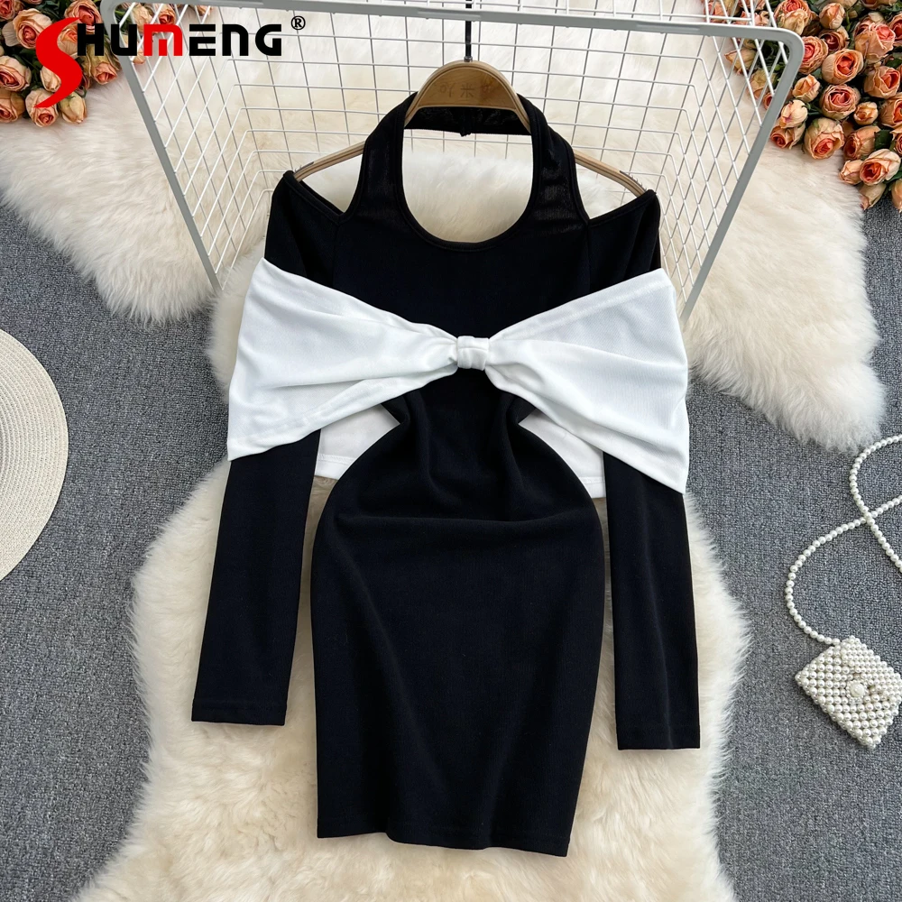 

Новинка Весна 2022, женский модный сексуальный костюм из двух предметов с бантом, женское элегантное облегающее платье-футляр с лямкой на шее ...