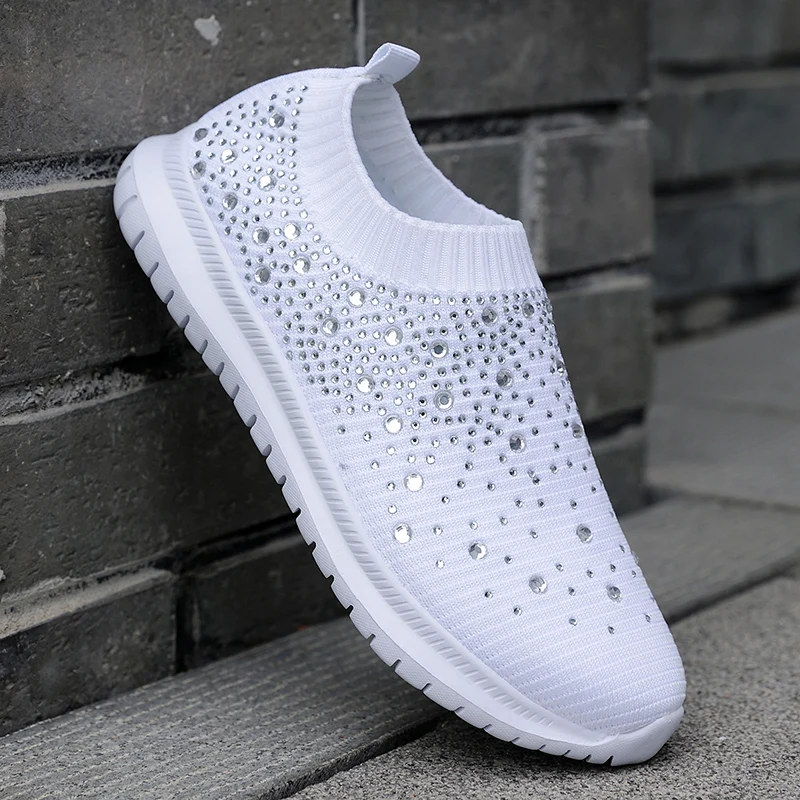 

2022 Vulcanized Shoes Sneakers Women Trainers Knitted Sneakers Ladies Slip-on Sock Shoes Sparkly Crystal Zapatillas Mujer Casual