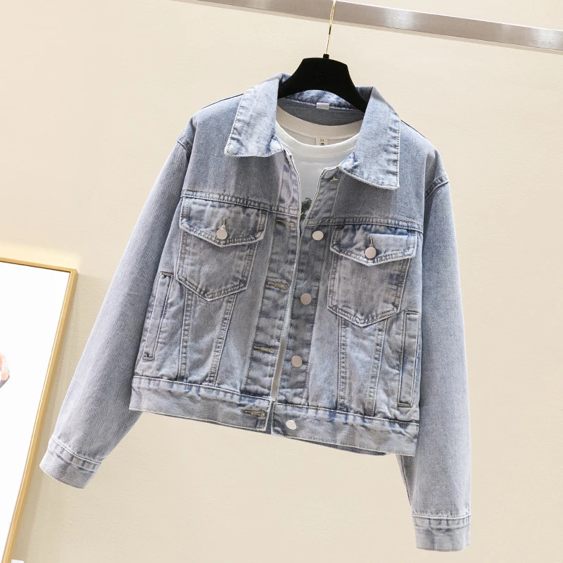 

Vintage Wash Blue Black Denim Jacket Coat Women Loose Short Student Cowboy Outerwear Long Sleeve Big Pocket Jeans Jacket Female