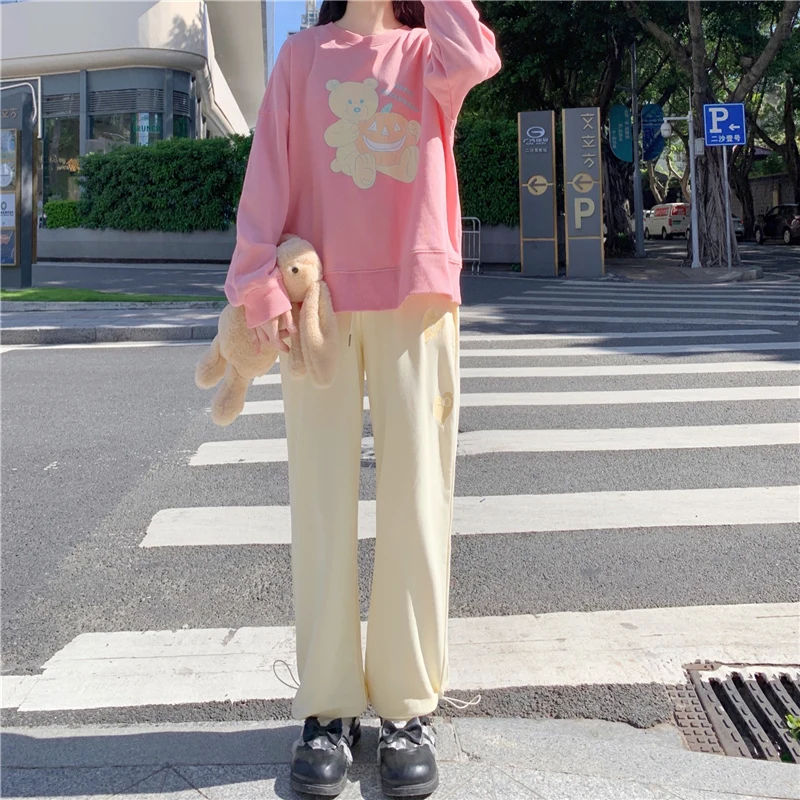 Брюки женские с завышенной талией, милые японские штаны с вышивкой в виде сердечек, с бантом и широкими штанинами, шикарные свободные штаны в стиле Харадзюку для девушек, весна-осень