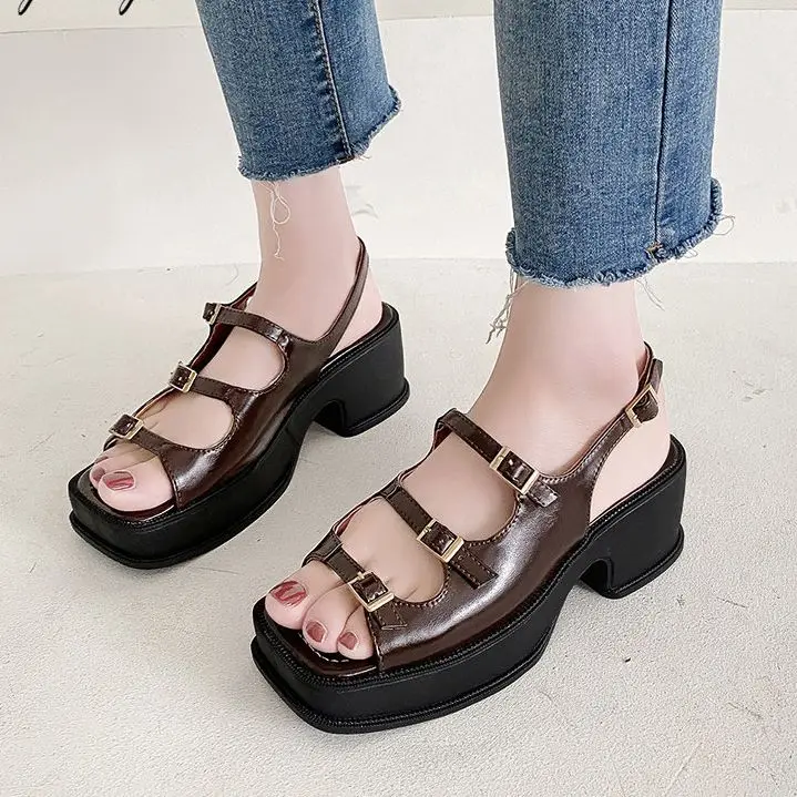 

Сандалии женские на платформе, босоножки на танкетке и высоком каблуке, открытый носок, однотонная повседневная обувь с пряжкой, лето 2023