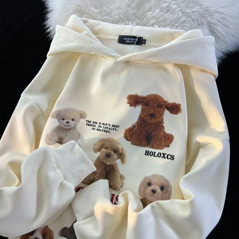 

2022 Winter Thicken Fleece Winter Hoodies Animal Pets Dogs Y2K Print Oversized Sweatshirt Women Girl Loose Casual Kawaii Clothes