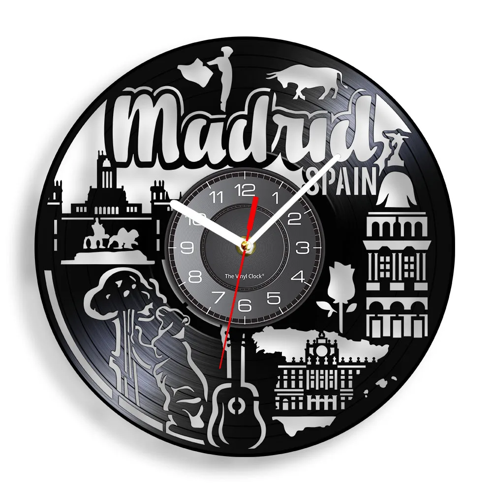 Spain Capital City Madrid Skyline Laser Cut Longplay Wall Clock Spainish Culture Home Decor Madrid Cityscape Vinyl Record Clock