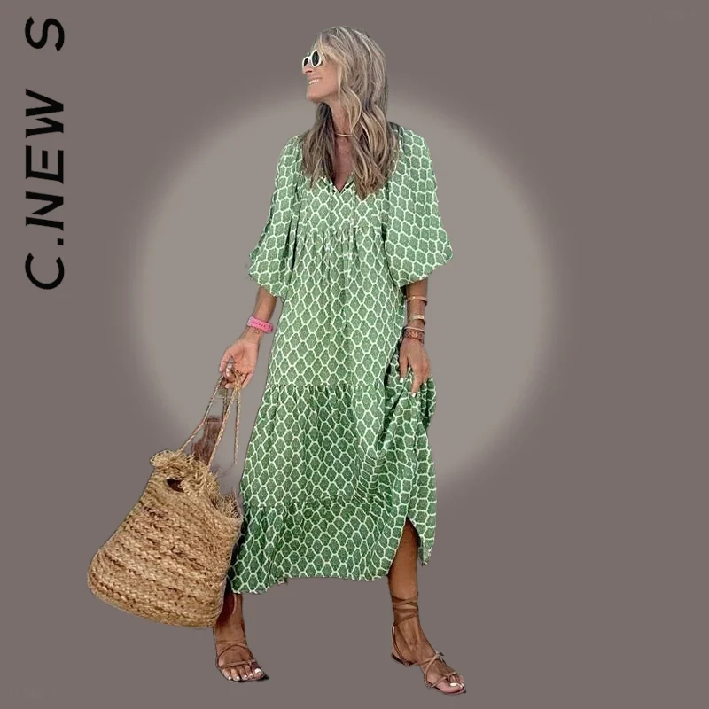 

C.New S O-neck Sleeve Women Dress Fashion Vintage Sexy Long Dress All-Match Soft Outfits Basic Dresses Women Vestidos Female