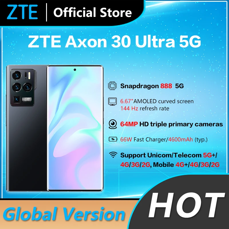 Global Version ZTE Axon 30 Ultra 5G Mobile Phone 6.67'' AMOLED Flexible Curved Screen Snapdragon 888  65W Fast Charging