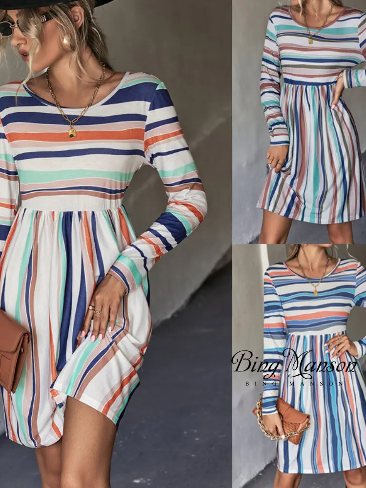 2022Womens Summer Blue Khaki Orange White Striped Print Knee Length Dress Casual Round Neck Long Sleeve Pocket Belt Dress