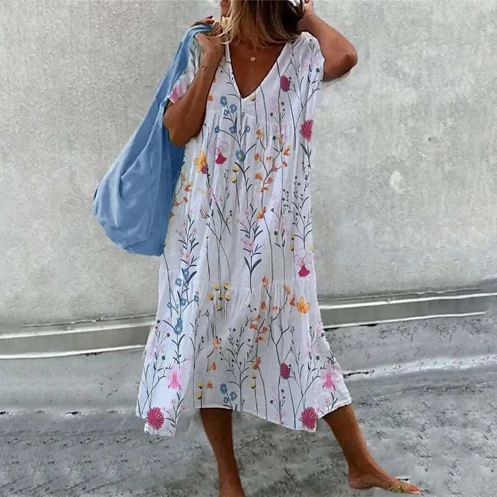

Summer Deep V-neck Short Sleeve Midi Dress Solid Color Floral Print Dress Loose Fit Casual Swing Dress Streetwear