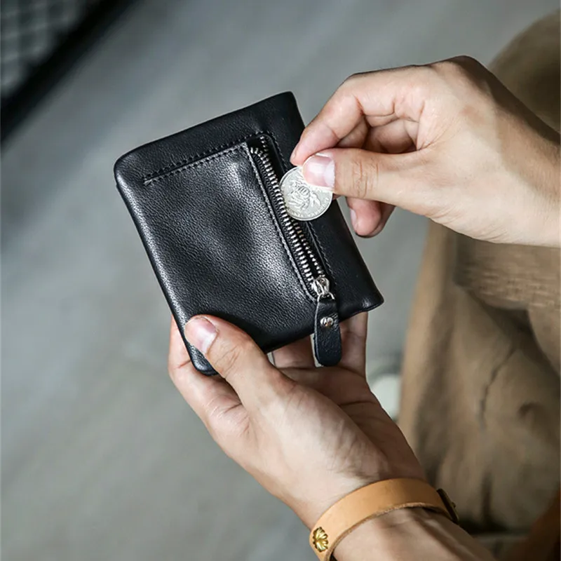 Casual black small genuine leather men's women's coin purse natural soft real cowhide short multi-card card holder wallet