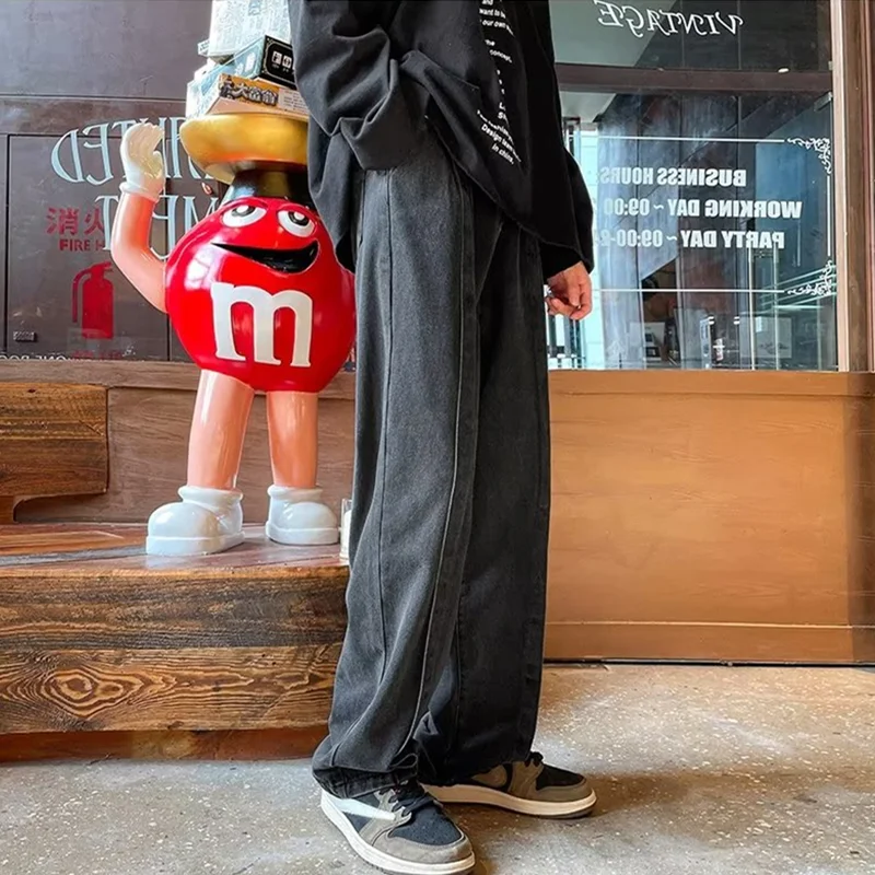 Streetwear Men 2022 New Style Vintage Splicing Recreational Blue Jeans Loose Straight Cylinder Broad Leg Trousers Autumn Female