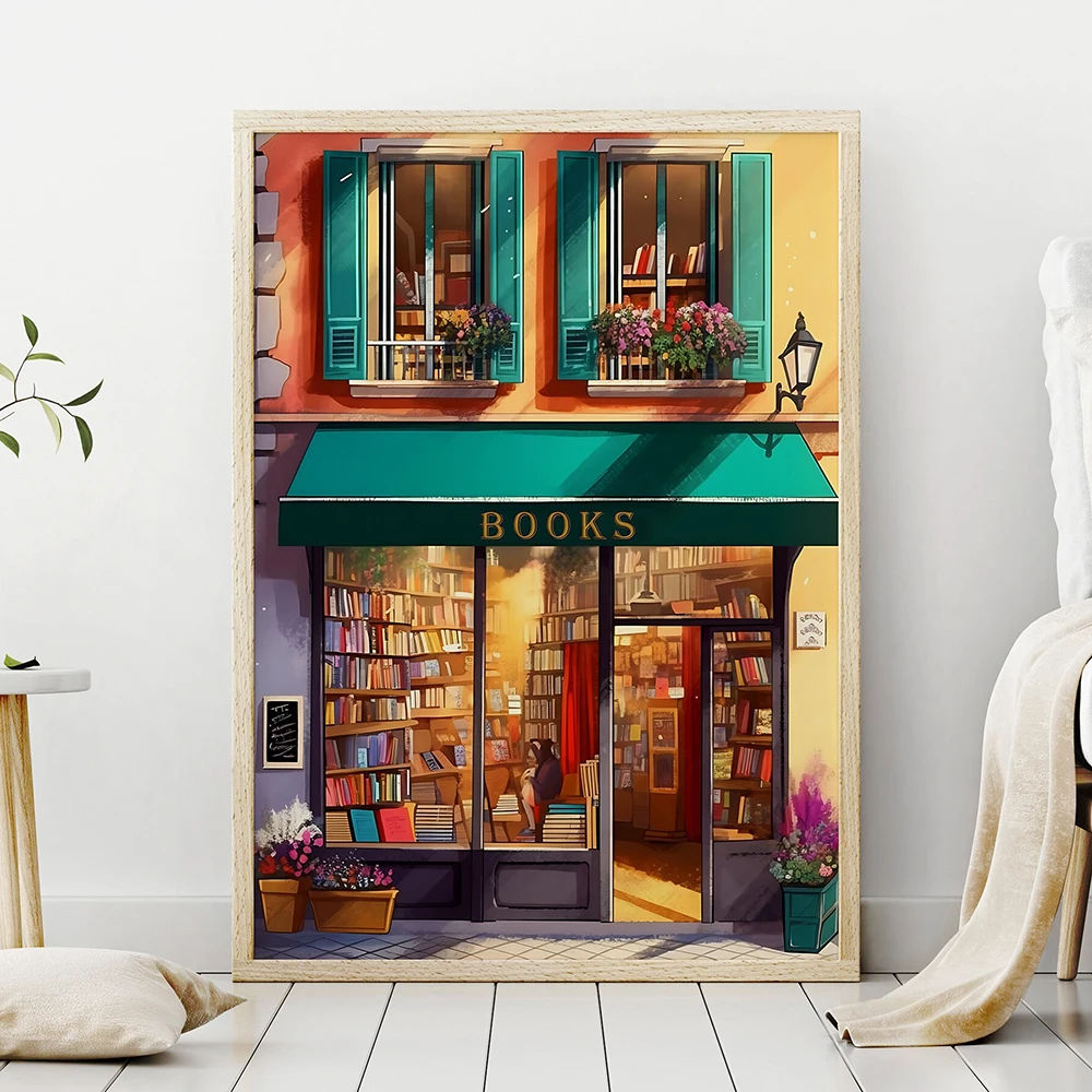 

Illustration Retro Exquisite Bookstore Art Poster,Print,Book Enthusiasts Gift Nordic Dormitory Canvas Painting,Room Home Decor