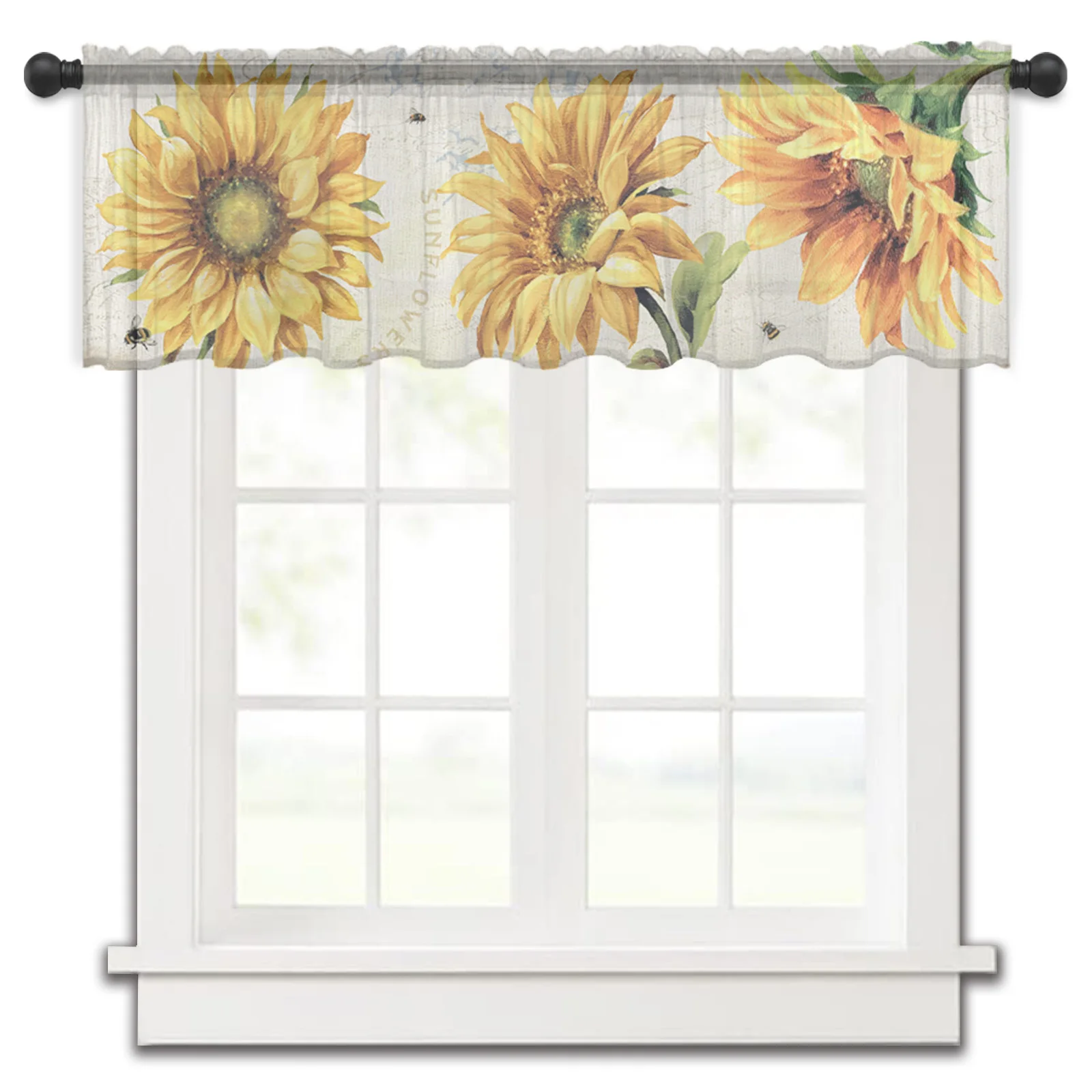 

Vintage Sunflower Bee Tulle Kitchen Small Window Curtain Valance Sheer Short Curtain Bedroom Living Room Home Decor Voile Drapes