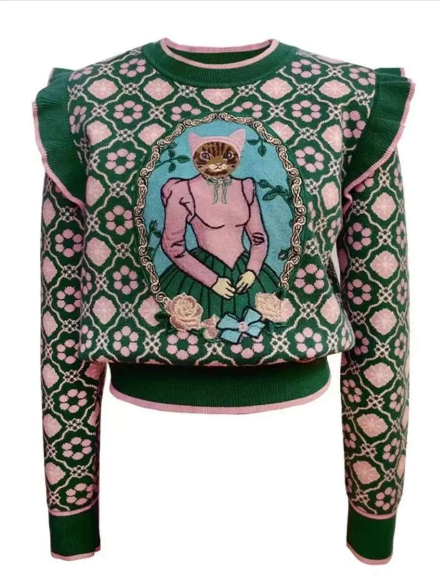 Осенний женский вязаный свитер в европейском стиле с мультяшным узором модные