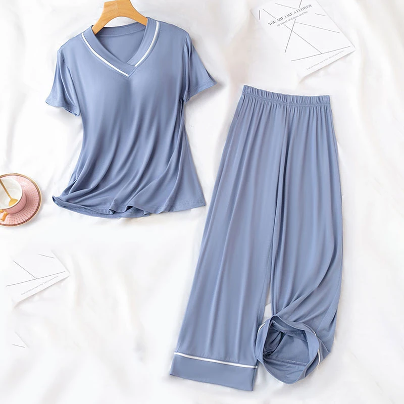

New Female Modal Pajamas Set Short Sleeve Pyjama Pour Femme Spring Summer Sleepwear Trouser Suits Loose Casual Home Clothes