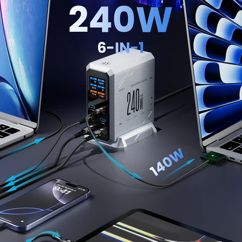 240W GaN Быстрое Зарядное Устройство PD3.1, 6-портовая Зарядная Станция — фото устройства