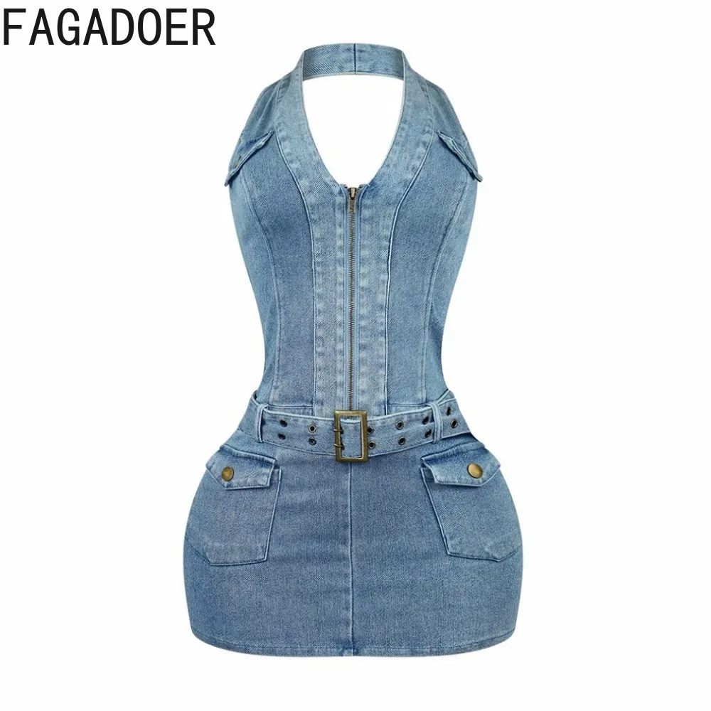 FAGADOER сексуальное джинсовое платье с бретелькой на шее женское облегающее без