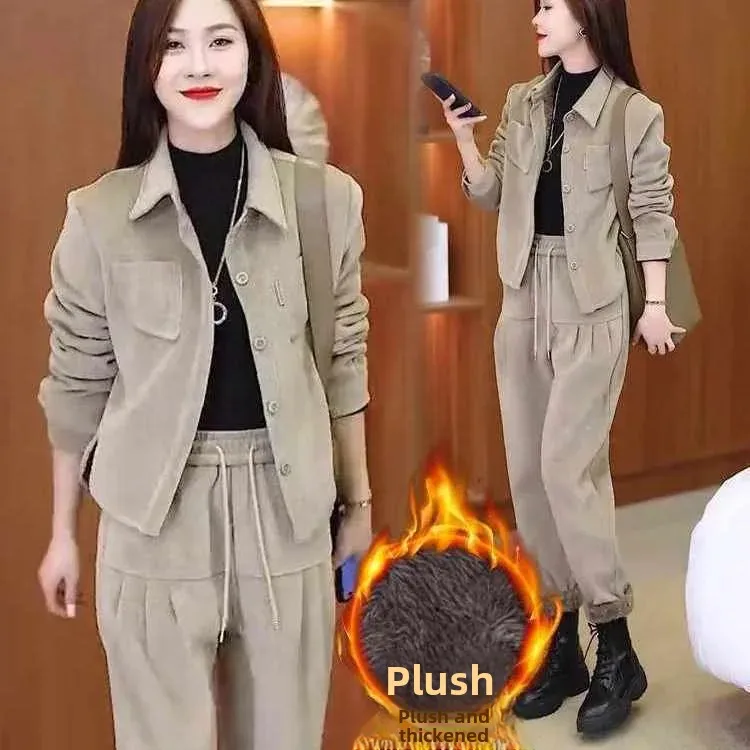 Модное осенне-зимнее утепленное флисовое вельветовое женское платье комплект