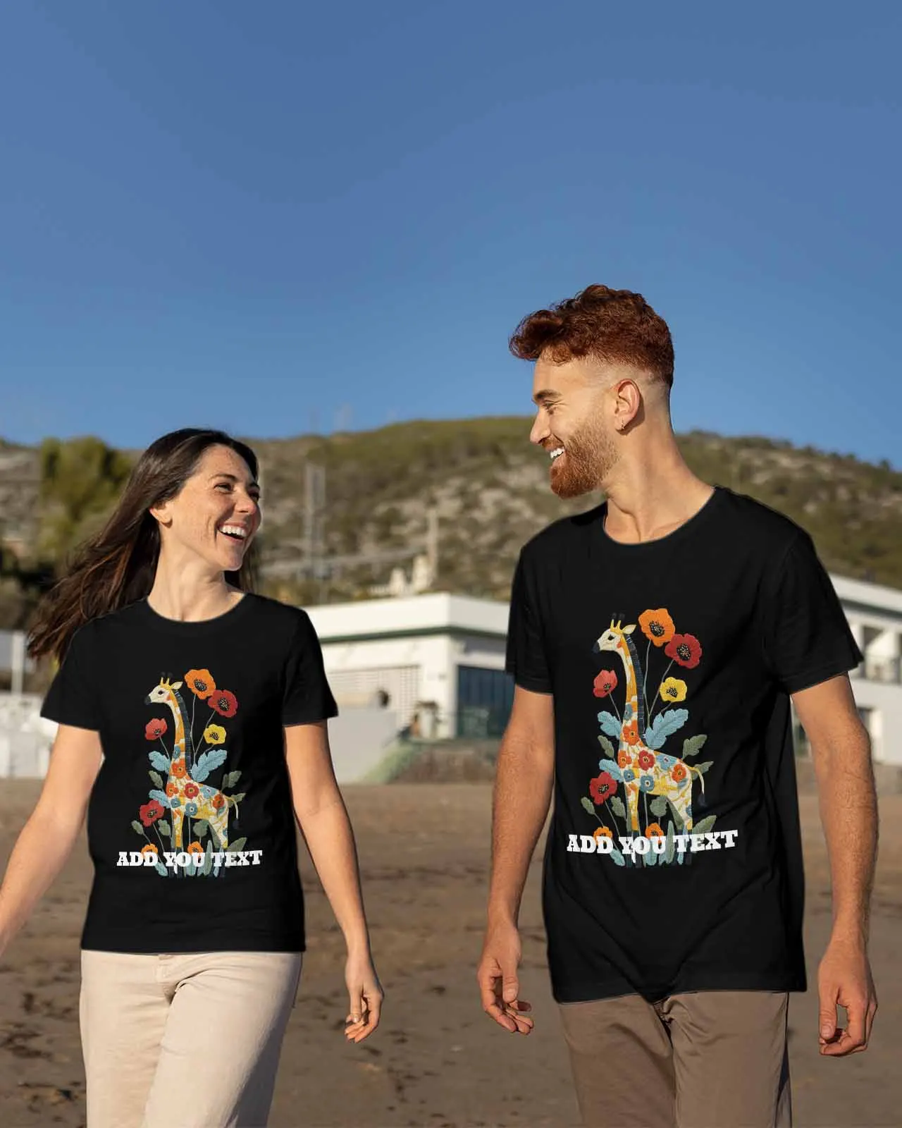 Линейный стиль цветок мака жираф пара футболок для влюбленных свободная