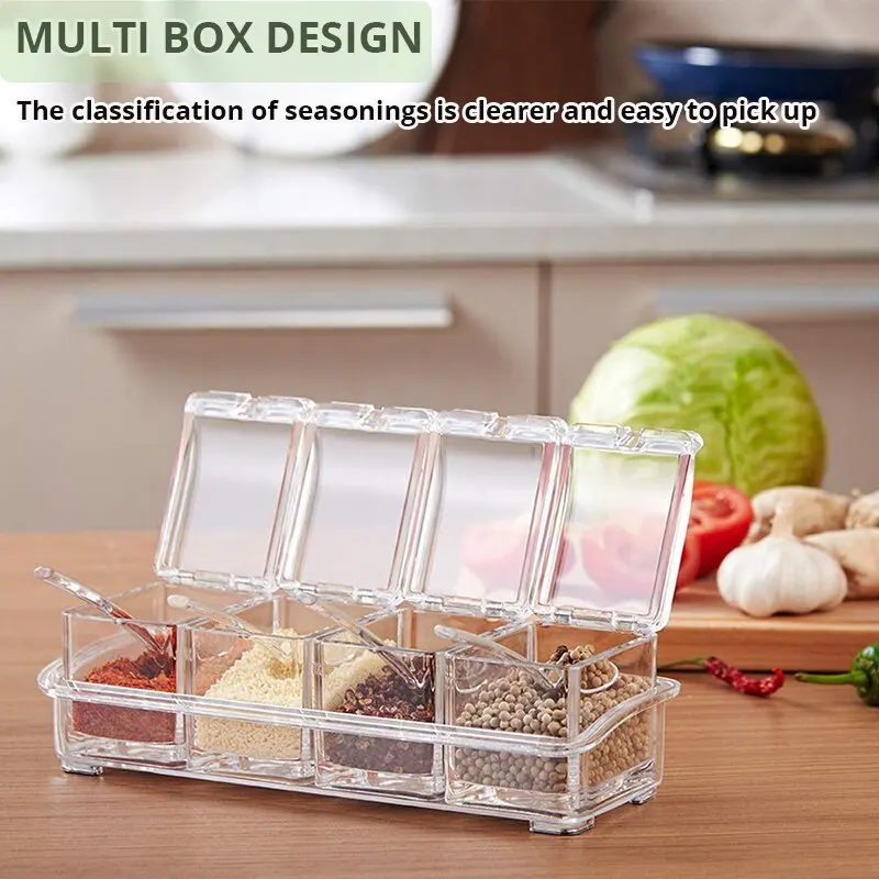 

4 Pieces Kitchen Clear Seasoning Acrylic Box Storage Container Condiment Jars Seasoning Box with Cover and Spoon Bottles Jars