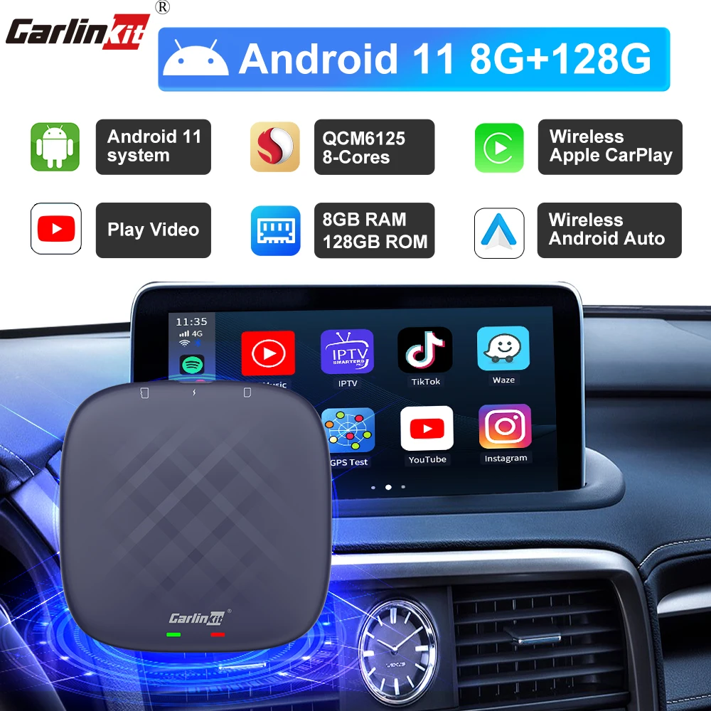 

Carlinkit Android Tv Box Netflix iptv YouTube Spotify Wireless CarPlay Android Auto Ultra 8+128G QCM665 4G LTE GPS Play Store BT