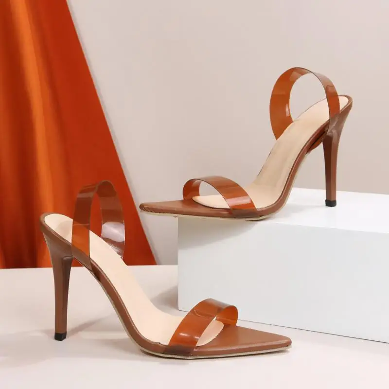 Crystal Rhinestone Chain Roman Sandals Ladies Pointed Toe Metal Heel Stiletto Sandals Summer Party High Heels Shoes Women TGHDOF