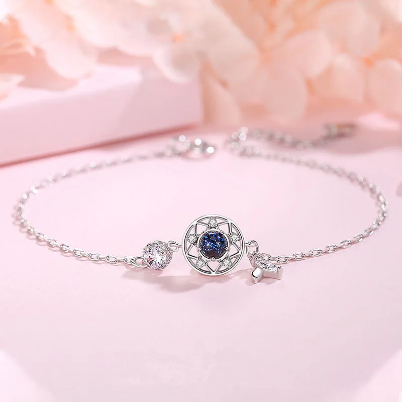 

925 Sterling Silver Link Chain Dreamcatcher Crystal Round Bead Charm Bracelet &Bangle For Women Elegant Party Jewelry sl173