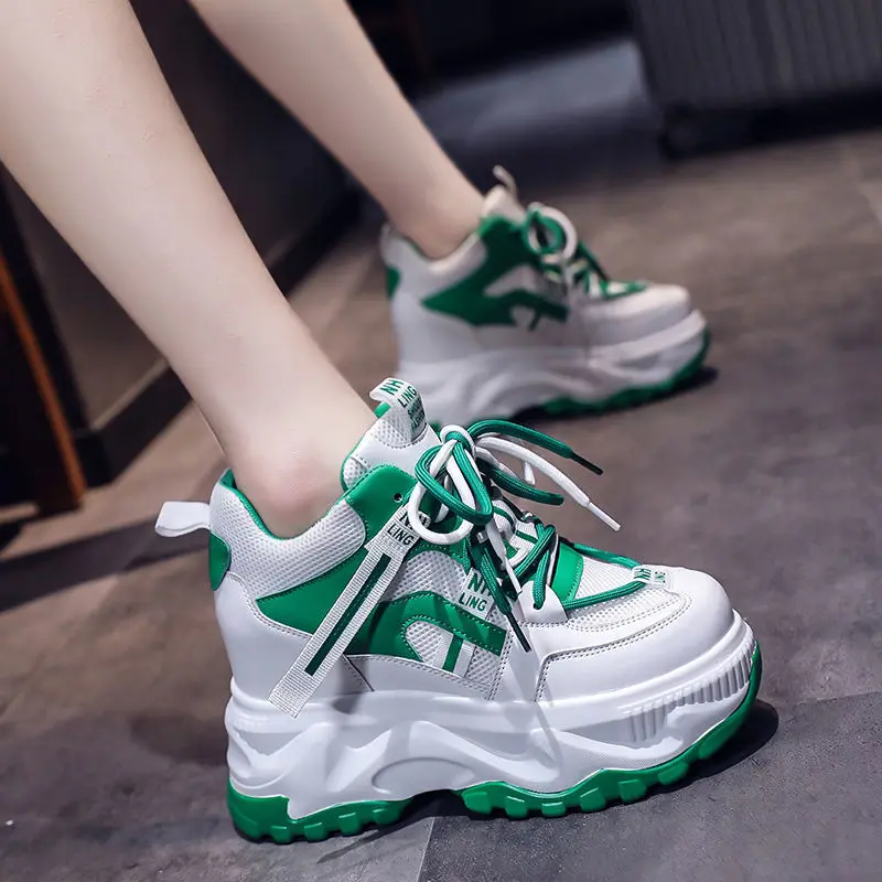 

2022 Two-Layer Cowhide Dad Shoes 10cm Women's Autumn and Winter New All-Matching Hidden Heel Platform Platform Sneakers