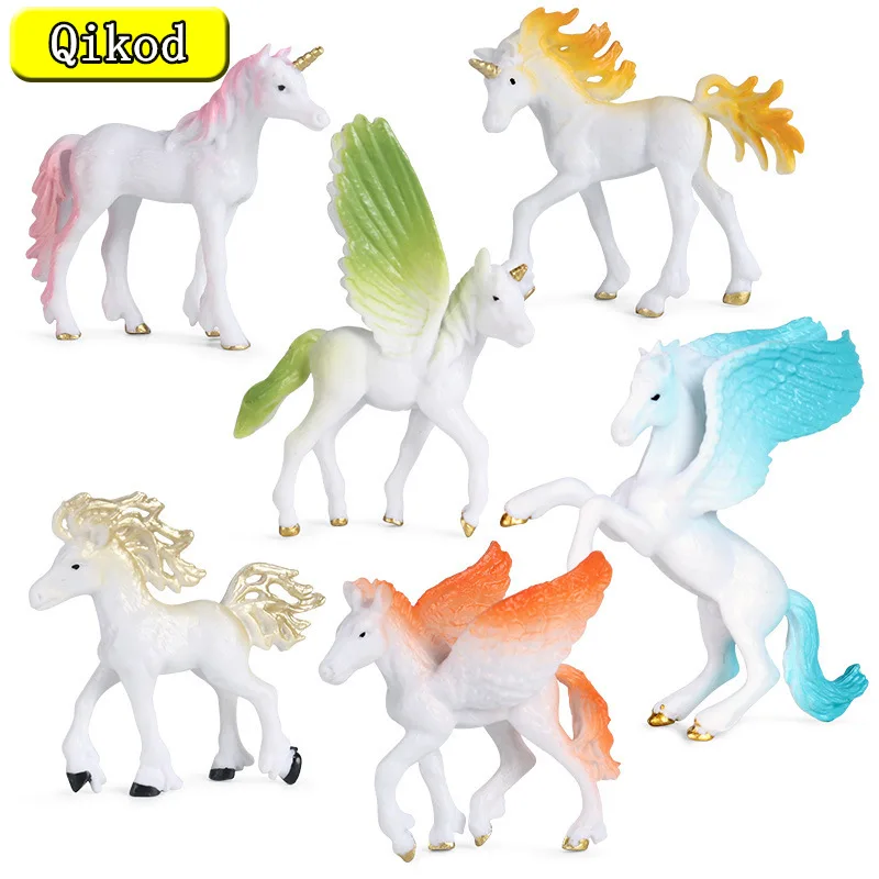 

6Pcs/Set Simulation Animal Mythical Fairy Tale Elves Elf Model Action Figures Colorful Pegasus Fly Horse Figures lovely Kid Toys