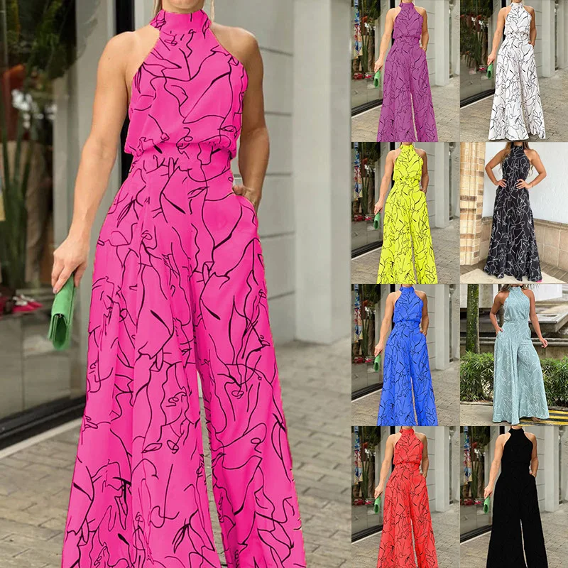 

2023 Spring and Summer Women's New Fashion Print Waist Tie Sleeveless Casual Jumpsuit High Waist Wide Leg Jumpsuit for Women