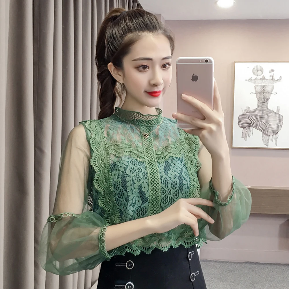 

Женская кружевная блузка с вышивкой, полупрозрачная короткая блузка с вышивкой в Корейском стиле, весна-лето 2022