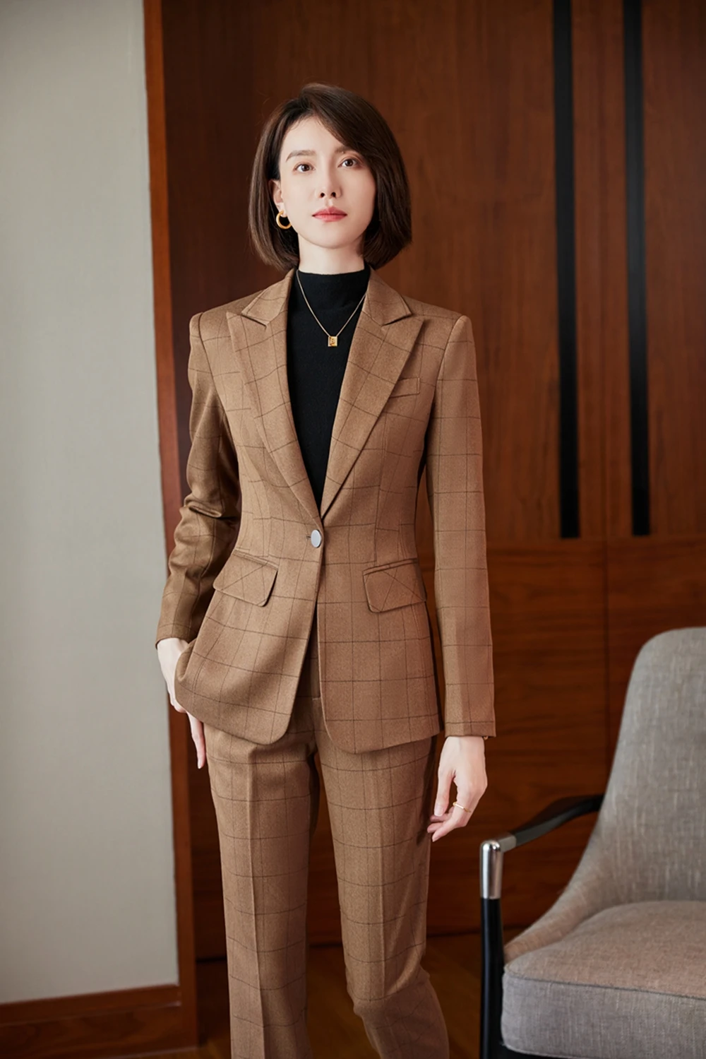 Blue Kaki check formal professional pioneer suit Women's office formal uniform design trousers suit Professional women's busines