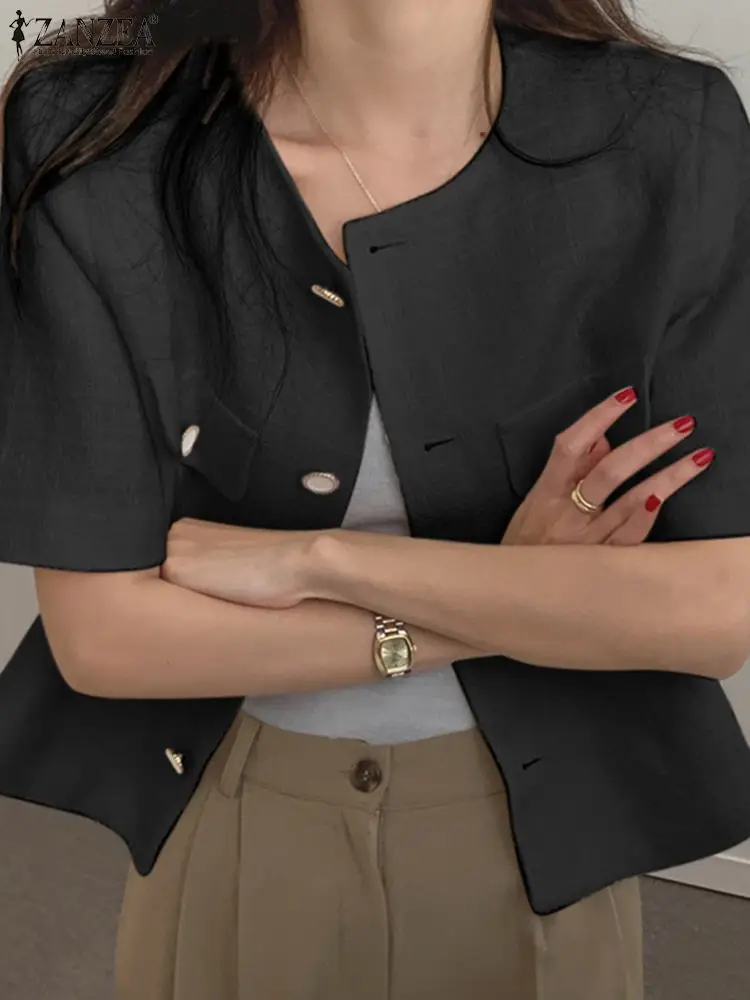 

Модная универсальная верхняя одежда ZANZEA с карманами, винтажный однотонный приталенный Блейзер, женское летнее пальто с круглым вырезом и к...