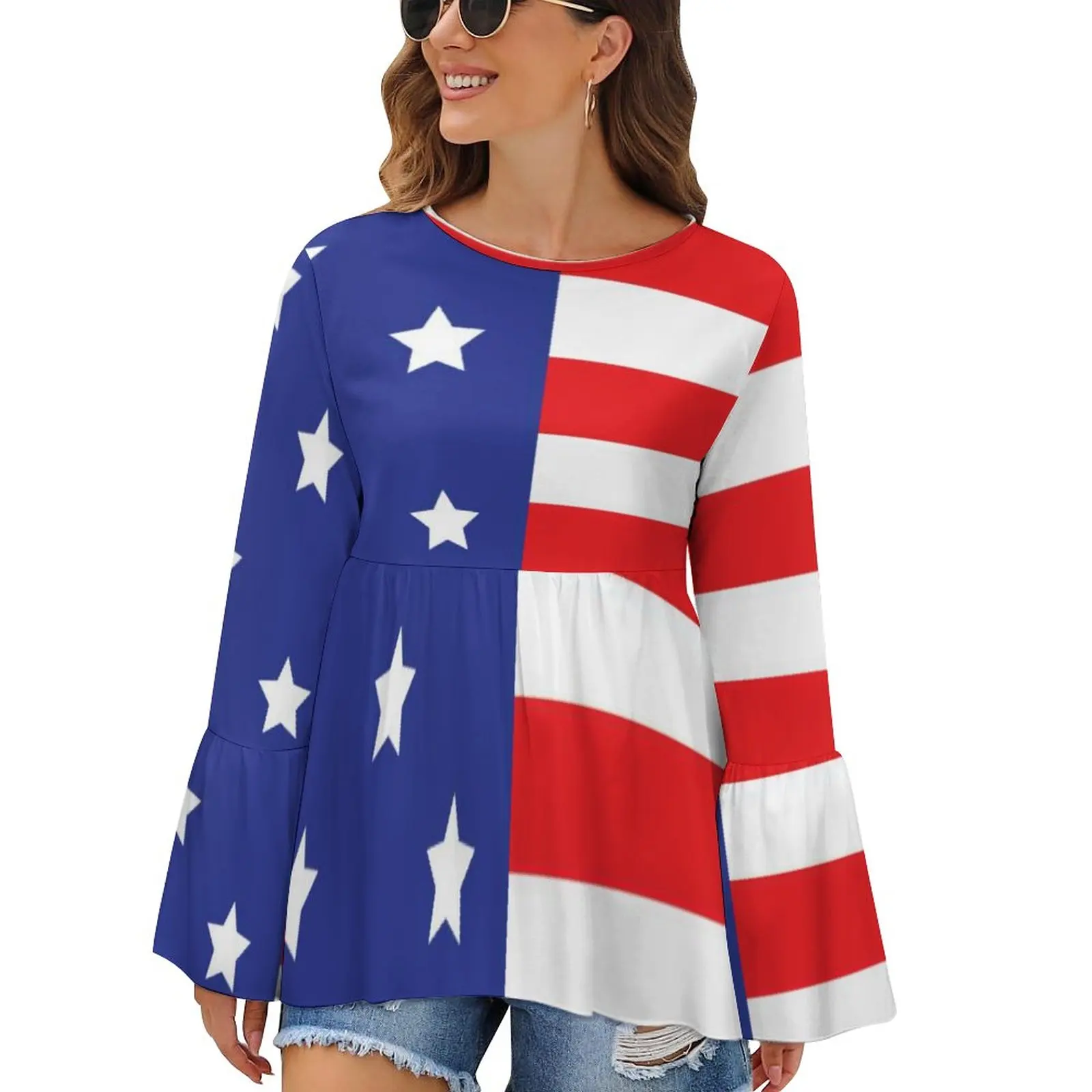 

American Flag T-Shirt The Stars And Stripes Print Aesthetic Long Sleeve T Shirts Street Wear Oversize Tee Shirt Print Clothes