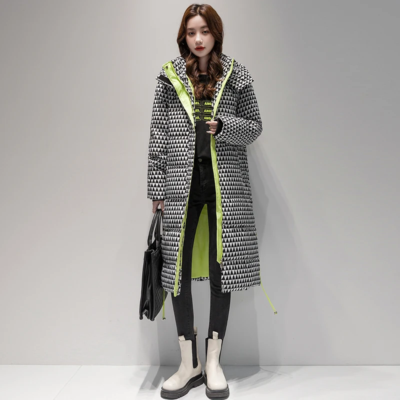 

Winter Down Cotton Jacket Women 2022 New Korean Long Warm Thick Parkas Female Hooded Loose Plaid Knee-High Padded Coats Outwear