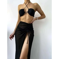 2022 swimsuit woman 2 pieces with beach skirt summer bikini set sexy women solid swimwear beachwear black swimsuit for girls