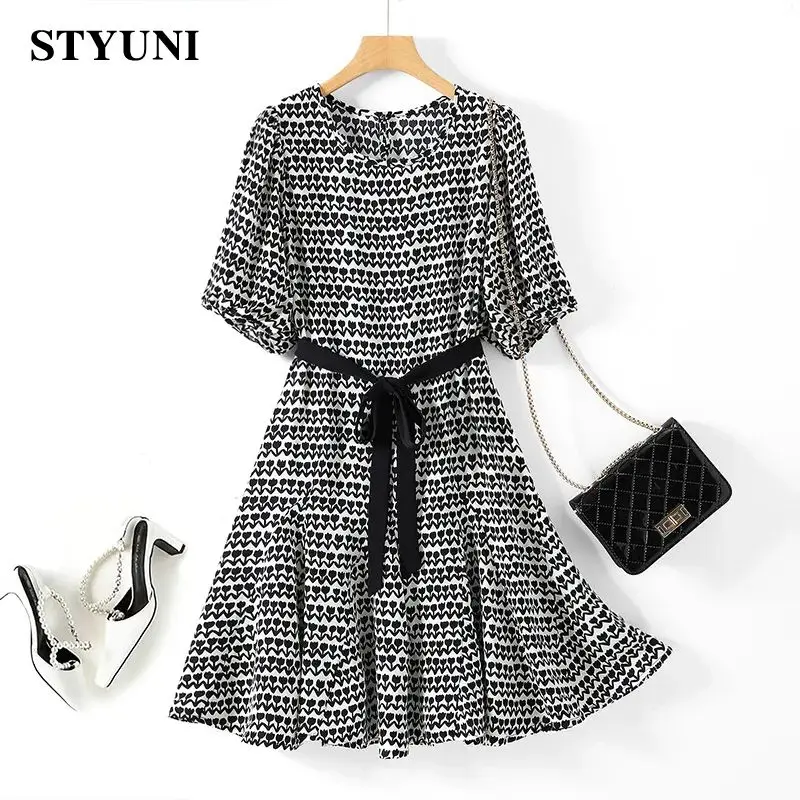 

Black Floral Printing Vintage O-Neck Short Sleeve Loose Waist Lace Up Women's Dress Korean Fashion Knee-Length Dresses For Women