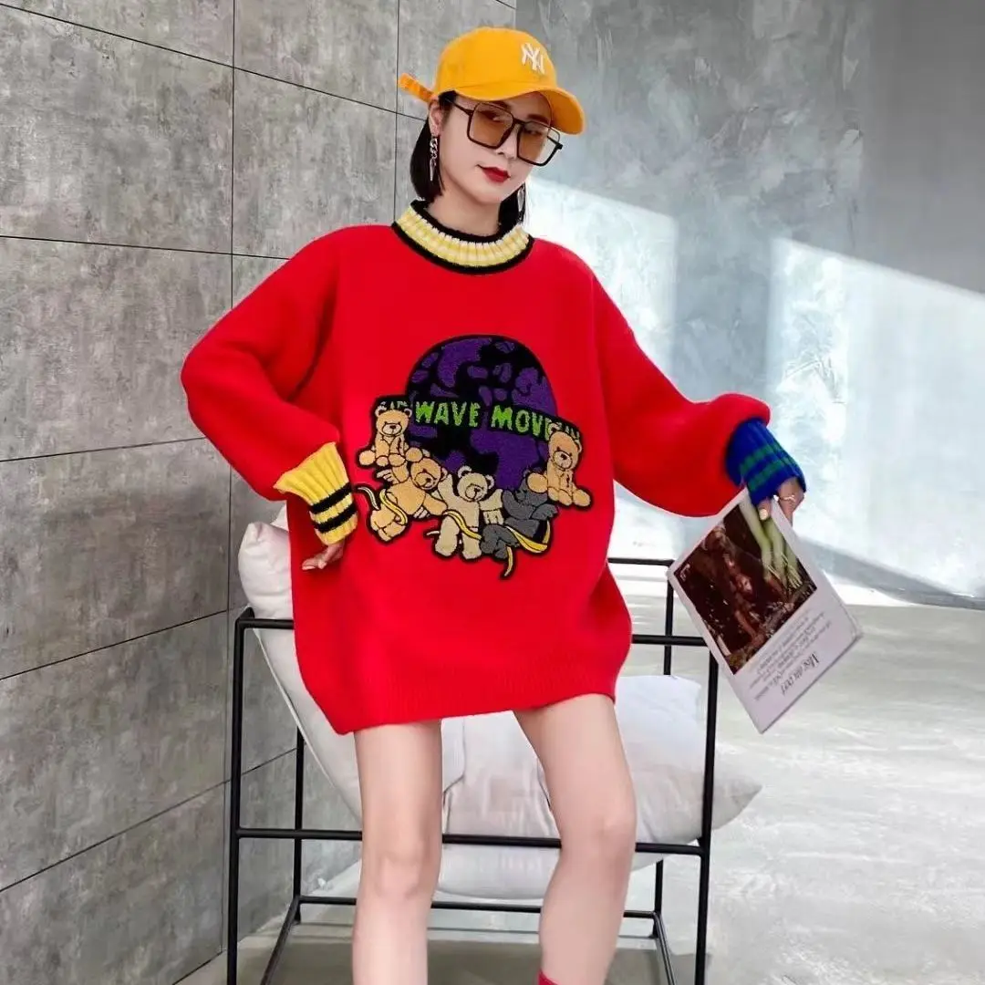 

Женский весенний Повседневный вязаный свитер с блестками и принтом тигра, красные пуловеры с капюшоном и длинным рукавом, зимние модные сви...