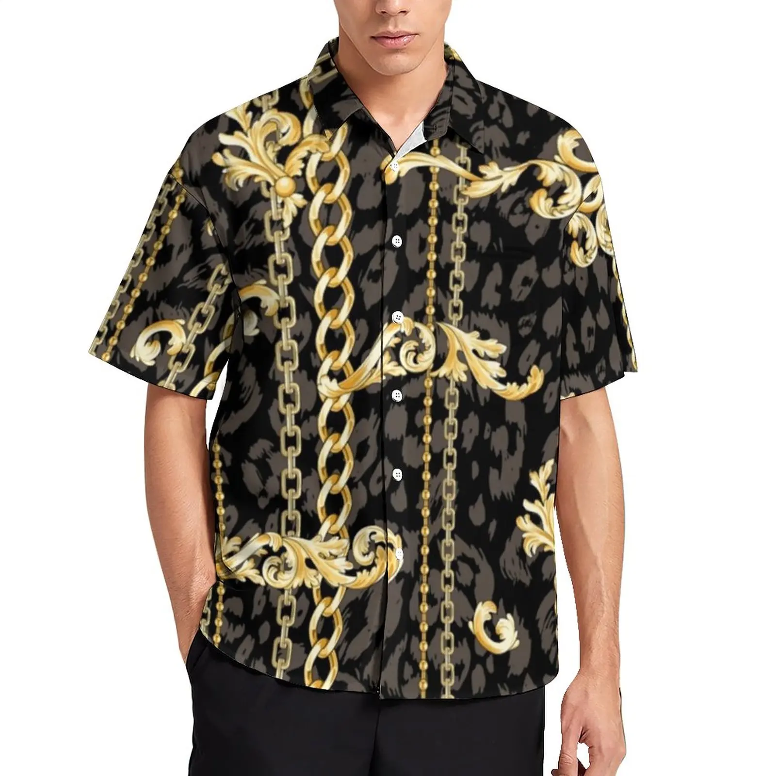 

Golden Chains Print Casual Shirts Gold Paisley Beach Shirt Hawaiian Street Style Blouses Male Pattern Big Size 3XL 4XL