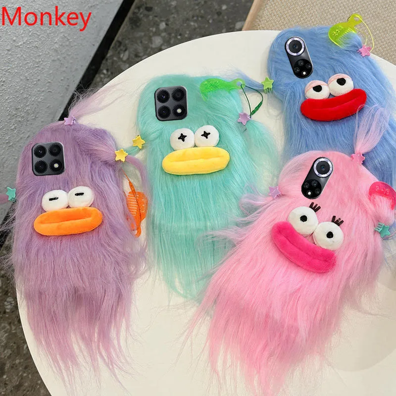 3D корейский Забавный Пушистый Плюшевый чехол в виде монстра для Huawei P50 P40 P30 P20 Mate 20