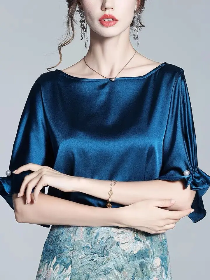 Европейская мода роскошная атласная рубашка с короткими рукавами из ацетата