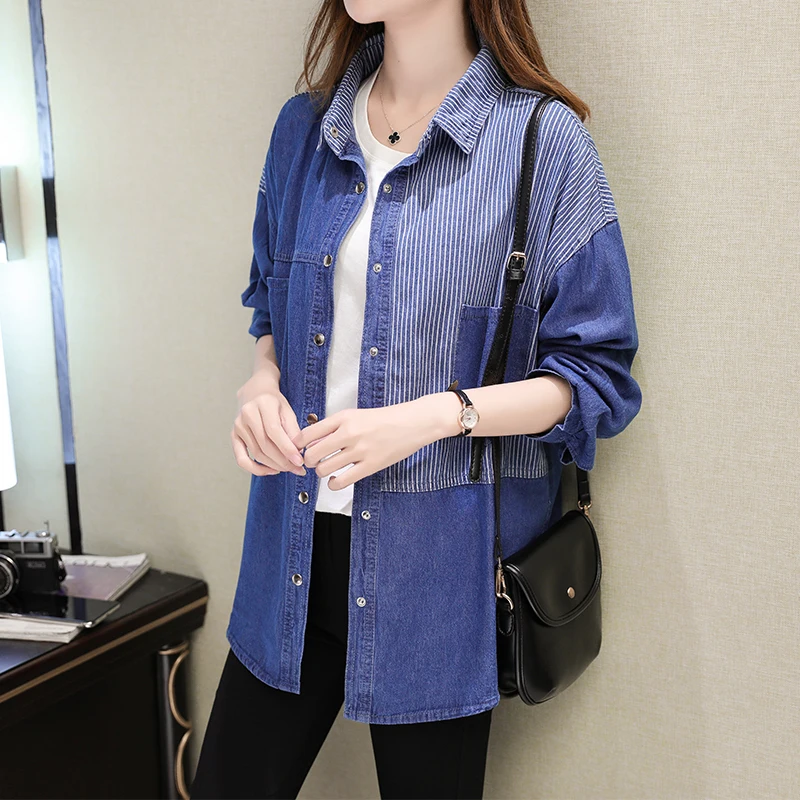 

Spring and Autumn New Denim Shirt Women's Korean Version Loose Long-sleeved Striped Top Fashion Mid-length Shirt Thin Coat
