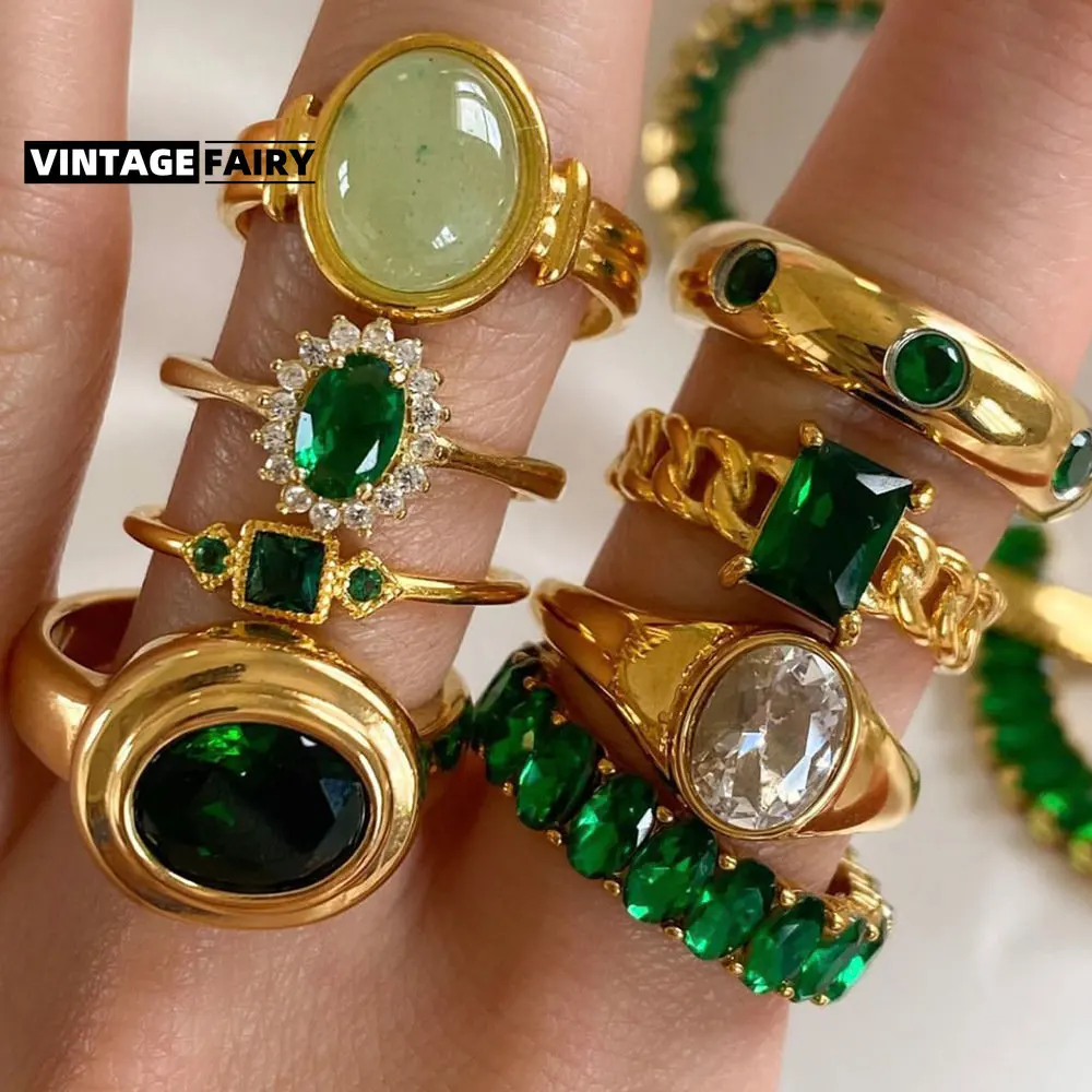 

18k Gold Color Natural Gemstone 316L Stainless Steel Rings Jewelry Making for Women Inlaid with Green Zircon Forever No Fade