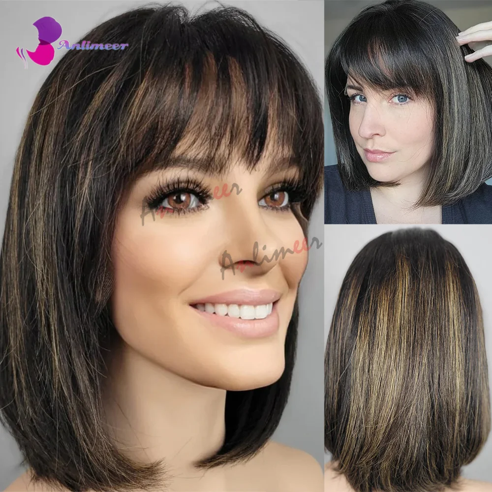

Short Bob Shoulder Honey Blonde Wig Human Hair Bob Wig With Bangs for Black Women Lace Front Wig Silk Base Wig / Full lace Wig