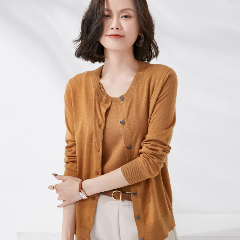 

Girls Spring Thin Worsted Wool Knitwear Crew Neck Knitted Cardigan Female Elegant Streetwear Button Up Long Sleeve Sweater XXL