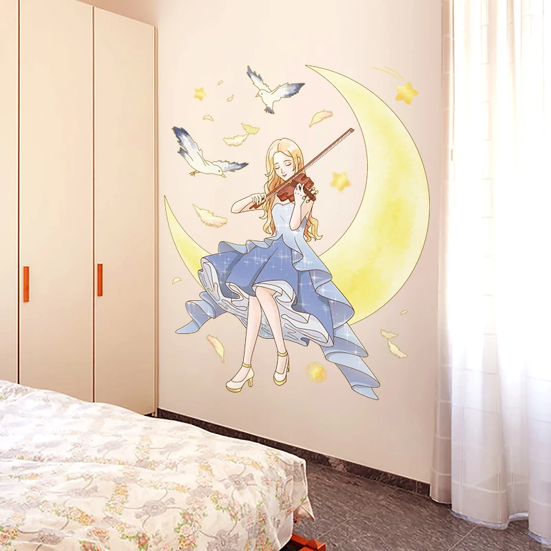 

[SHIJUEHEZI] Cartoon Violin Girl Wall Stickers DIY Birds Moon Mural Decals for Kids Rooms Baby Bedroom Nursery Home Decoration