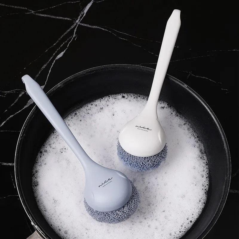 

1Pcs New Cleaning Brush PP Polyester Long Handled Steel Wire Ball Dishwashing Pot Cleaning Utensils Household Kitchen Tools CW