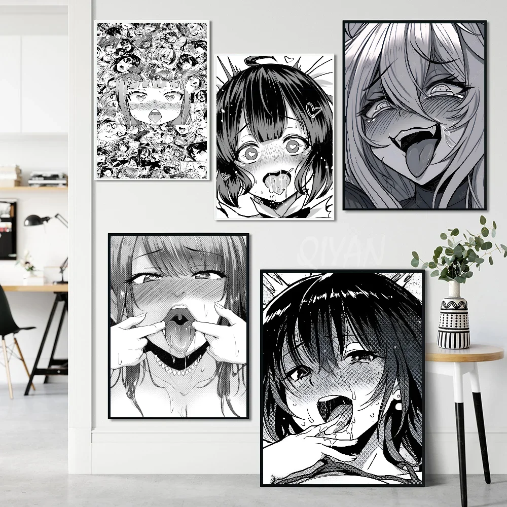 A-Ahegao Manga Girl Poster Stickers Art Wall Murals Decor Game Room Gifts HD Painting