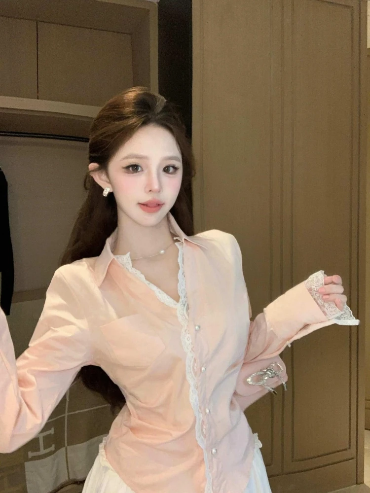 Lace Casual Shirts Women Autumn French sle Long sleeve Tight Waist Shirt Design Sense Slim fit Hugging Top |