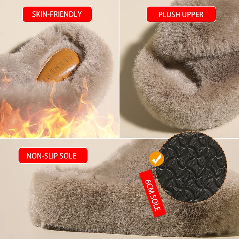 6CM Winter Slippers Women Fashion Cross Fluffy Fur Slipper Home Slides Platform Flat Indoor Floor Flip Flops Ladies Shoes 2023