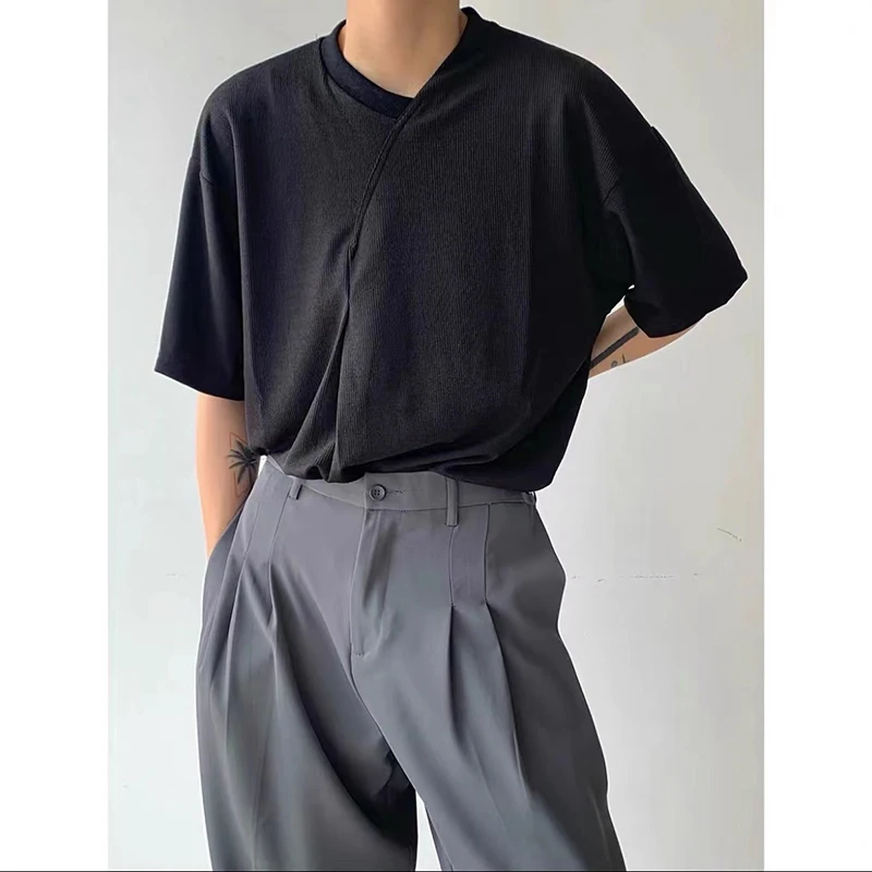 

Summer Drape Ice Silk Short Sleeve Men Sweatshirt Fashion Harajuku Casual Oversized T Shirt Cool Boy Korean Clothing Black White