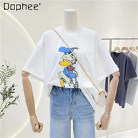 cartoon printed pattern loose oversized round neck cotton t shirt for women 2022 new summer versatile leisure pullover tee tops